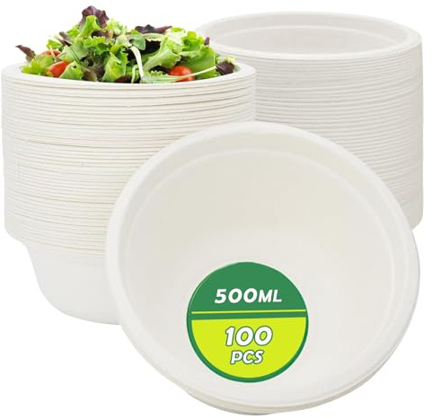 Jlnmmn 100 Pièce Bols à Soupe en Canne à Sucre, Blanc Bols Rigides en Bagasse, Bols en Carton, 500ml, Convient pour la Restauration, les Fêtes, les Food Trucks ou l'Utilisation à Domicile