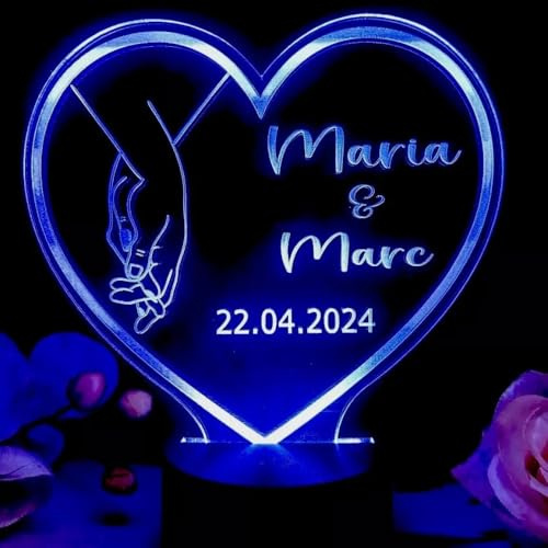 Generisch 3D LED Herz Lampe mit Händemotiv personalisiert | Gravur mit Namen & Datum | Liebeslampe Geschenk zur Hochzeit und Verlobung, Jahrestag und Valentinstag, Geburtstag.