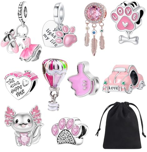 MLPKOI Paquete de Dijes para Pulsera, Bead Charms para Charms Pulsera Collar Joyería Europea para Hacer Collares, Pulseras, Joyas Cumpleaños Regalo Fiesta Madre Niñas (Rosa)