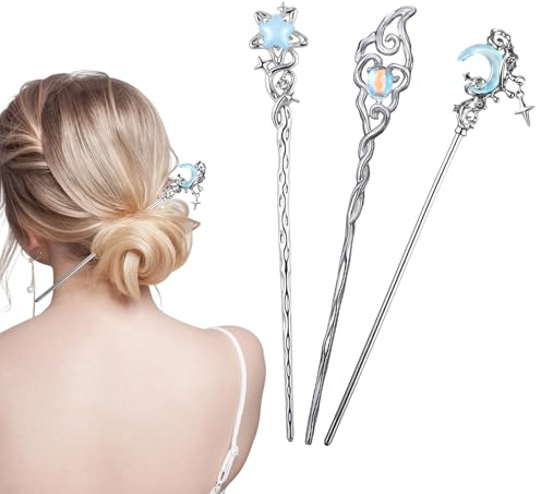 JJUNW 3Pcs Star Moon Hair Sticks, Hairpin Retro Tassel Hair, Silver Vintage Hair Chopsticks Hairpins Decorative Long Hair Styling Accessories for Women Girls Chinese