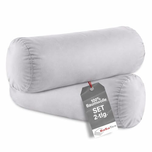 BaSaTex Baumwolle Renforcé Kissenbezug, 2er Pack, 40x15 cm, Grau | 100% Baumwolle, Öko_Tex Zertifiziert, Reißverschluss, für Nackenrollen