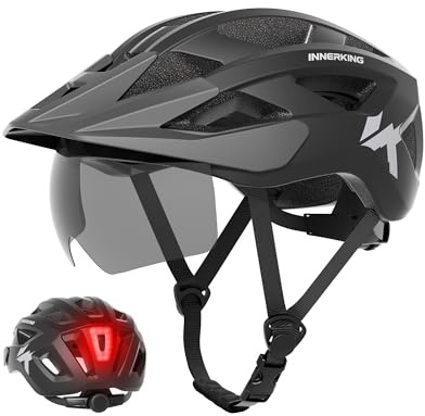 InnerKing Adult Bike Helmet Rear Light & OTG Magnetic Goggles for Men Women | Lightweight Mountain Bicycle Helmets,Rechargeable Rear Light,Detachable Goggles, Road Cycling with Removable OTG Visor