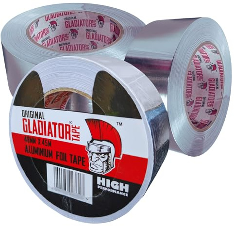 Gladiator Aluminium Foil Tape 48mm x 45m (3 Pack) | Heavy Duty HVAC Duct Tape | Heat Resistant -30°C to +120°C | Waterproof Seal | Strong Adhesive Metal Tape for Pipes, Insulation & Repairs