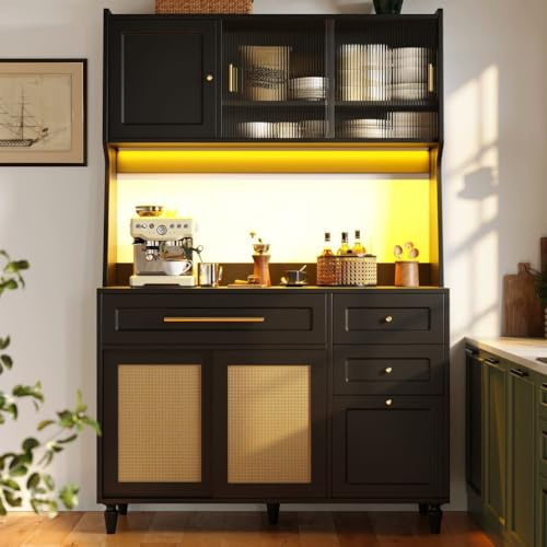 QQJIN Küchenschrank mit Rattan-Schiebetür & App-Led, 3 Schubladen, Küchenschrank mit Arbeitsplatte, 120 * 45 * 195.5cm Küchenbuffet für Küche & Wohnzimmer,Schwarz,D