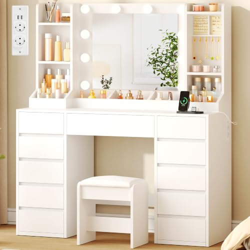 YUNSCEND Grande Toeletta Trucco con Specchio,Portagioielli e Sgabello | Toeletta Trucco con 10 Luce LED,3 Colori Regolabili,Toeletta Con Presa,11 Cassetti,6 Ganci per Gioielli e 4 Ripiani,Bianco