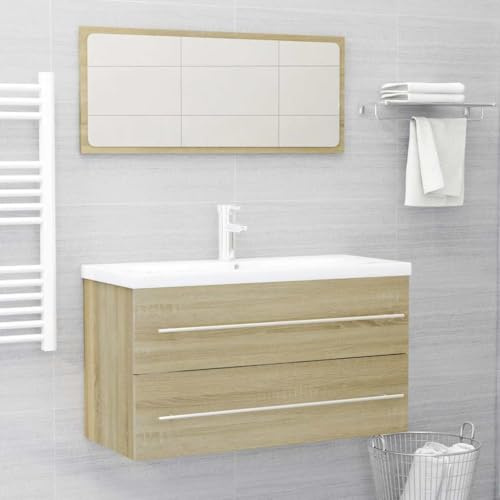 LoogCape Sonoma Oak 2-Piece Bathroom Furniture Set Made of Wood Material, Vanity Unit with Drawer and Mirror, Bathroom Furniture Set for Washbasin, Storage in Guest Toilet and Washroom