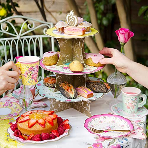 Talking Tables 3-Tier Reusable Floral Cake Stand Reversible Ideal for Afternoon Tea Party Decorations Baby Shower Wedding or Anniversary Mother's Day,Pink, Blue, Yellow,Height 36cm, 14
