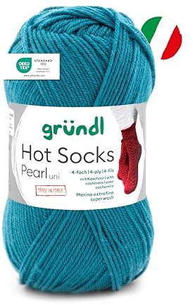 Gründl Hot Socks Pearl - Gomitolo di lana a 4 strati, morbido e delicato sulla pelle, 75% lana vergine, 20% poliammide, 5% cashmere, 1 gomitolo da 50 g/200 m, spessore dei ferri 2,5-3, petrolio