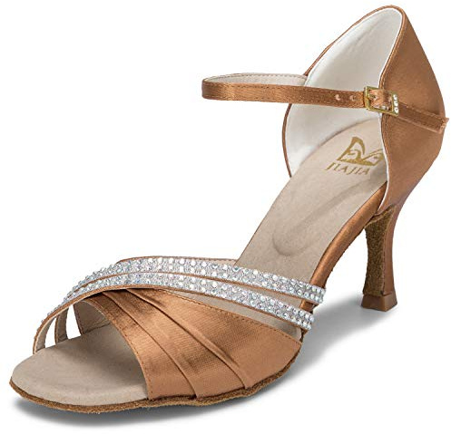 JIAJIA 20524 Latin Dam Sandaler 7,5 cm Flared Heel Super Satin Dansskor Färg Brun,Storlek 41 EU (7 UK)