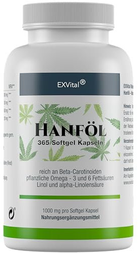 EXVital HANFÖL Kapseln - hochdosiert & kaltgepresst | 365 Kapseln (Jahresvorrat) | 1000mg je Kapsel | Laborgeprüft | pflanzliche Omega 3,6 + 9 - Hanfsamenöl | Made in Germany