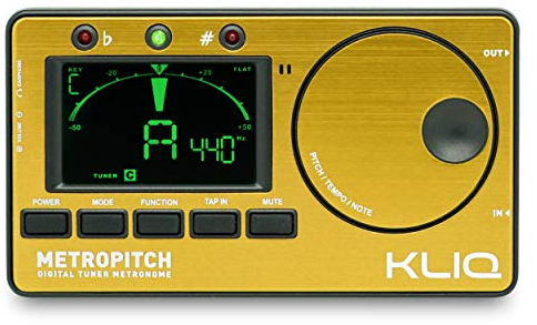KLIQ MetroPitch - Metronom Tuner für alle Instrumente - mit Gitarre, Bass, Violine, Ukulele und chromatischem Stimmmodus - Tongenerator - inklusive Tragetasche - Gold