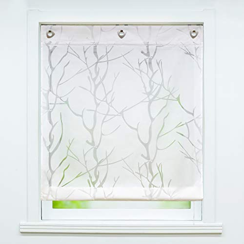 Delien Voile Raffrollo ohne Bohren mit Ösen Transparente Ausbrenner Gardine Küche Raffgardine Kurz Rolls Vorhang »Äste« Ösenrollo Schals Modern Fenster Gardinen BxH 80x140cm,Weiß