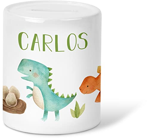 GRAVURZEILE Spardose für Kinder - Dino Design - mit Namen personalisiert - Geschenk für Jungen & Mädchen zum Geburtstag Kommunion Geburt Einschulung Weihnachten - Geschenk für Kinder zum sparen