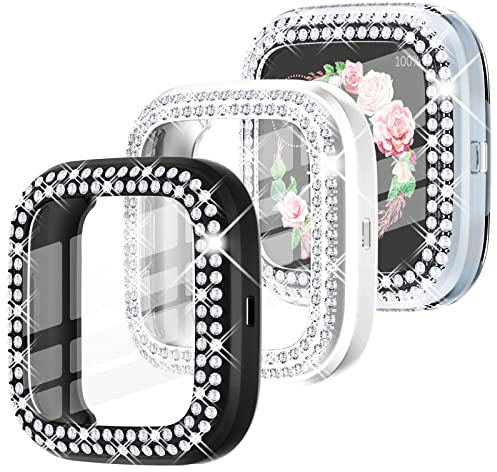 WINGLE 3pack for Fitbit Versa 2 watch Screen Protector Case, Women Bling Case for Fitbit Versa 2 Cover Crystal Diamonds Rhinestone Overall Soft Slim Protective Bumper Shell (Black,Silver,Clear)