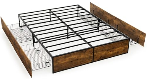 RELAX4LIFE 4FT/4FT6 Double Bed Frame with 4 Underbed Drawers, Metal Storage Platform Bed Base, Slatted Support Industrial Bed Mattress Foundation, No Box Spring Needed (190 x 135 x 33cm) | Metal Storage Platform Bed Base, Slatted Support Industrial Bed Mattress Foundation, No Box Spring Needed (190 x 135 x 33cm)