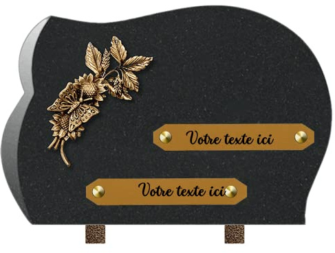France Tombale Plaque funéraire personnalisée - Granit - assemblée en France - bronze feuilles papillon - H 20 X L 30 cm - 2 textes