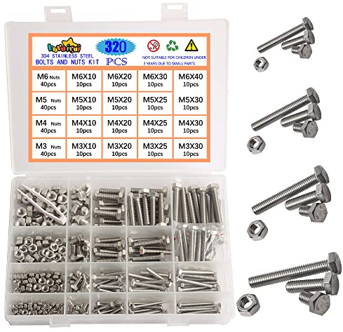 huruirui Schrauben Muttern Set, M3 M4 M5 M6 Bolzen, 304 Edelstahl Sechskantschrauben Muttern und Schrauben Kit Hexagon Edelstahl Maschinenschrauben mit Aufbewahrungsbox 320PCS