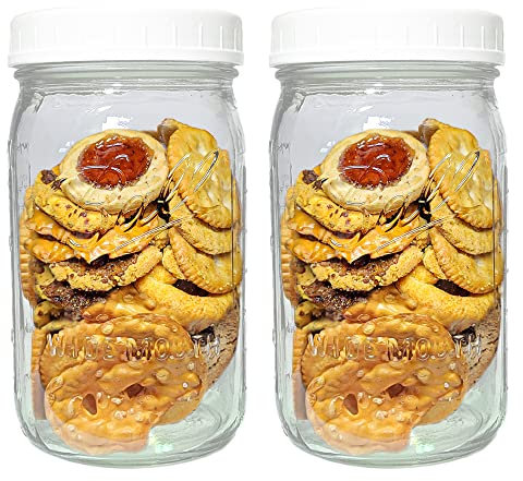 Wide Mouth Mason Jars 32 oz - (2 Pack) - Wide Mouth 32-Ounces Quart Mason Jars with White M.E.M Food Storage Plastic Lids - For Storage, Canning, Freezing, Leak Proof, Microwave & Diswasher Safe