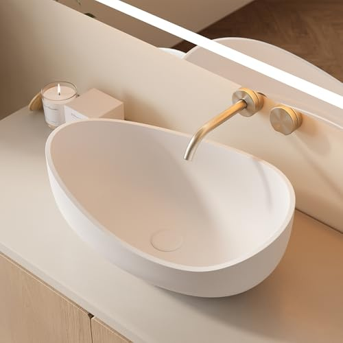 Weibath Oval Vessel Sink, Stone Resin Bathroom Sink in Matte White with Pop-Up Drain, Modern Countertop Sink 22.44