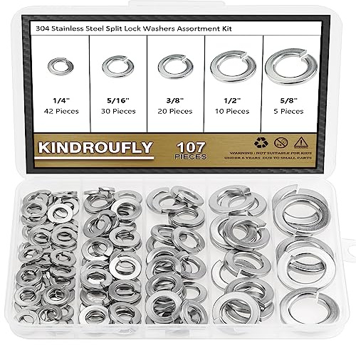 107 arandelas de bloqueo de acero inoxidable 304, arandelas de bloqueo divididas, arandelas de bloqueo de resorte Kindroufly de 5 tamaños, kit surtido de arandelas de metal de bloqueo, 1/4 pulgadas,