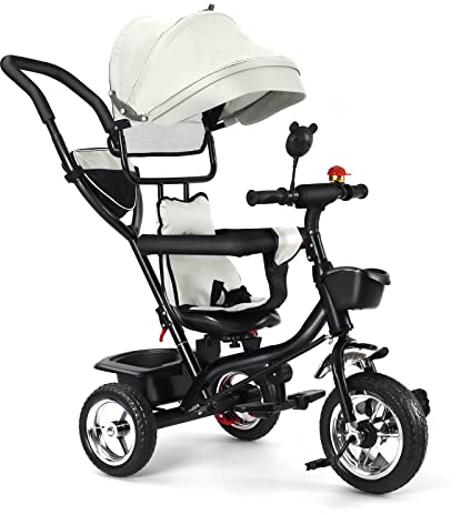 Drumm Dreirad 4 in 1, Dreirad für Kinder, skalierbar, Kinderwagen Dreirad mit Pedal, und Sonnenblende, faltbar, abnehmbar und verstellbarer Gehstock, neigbare Rückenlehne, geräuscharme Räder, Grau