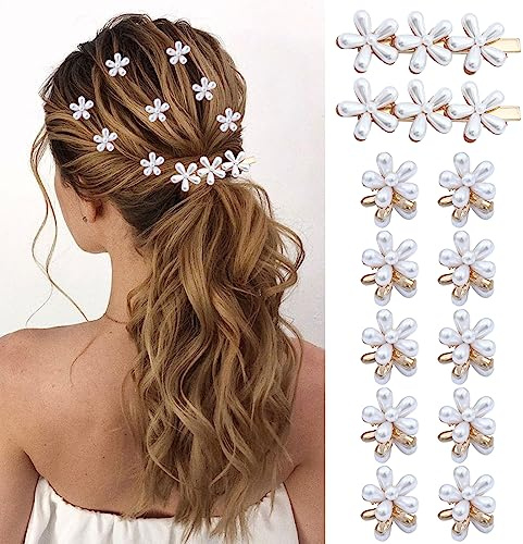 12 Pcs Perla Pequeña Pinza Horquilla, Mini Pinzas para el Cabello con Perlas y Forma de Flor, Sujeción Metálica para Niñas, Chicas y Mujeres
