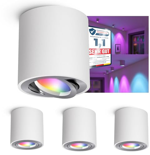 linovum CORI Aufbauleuchte rund weiß Alu mit LED GU10 dimmbar WLAN RGBW Lampe - Deckenlampe Spot kompatibel mit Alexa, Google, Siri