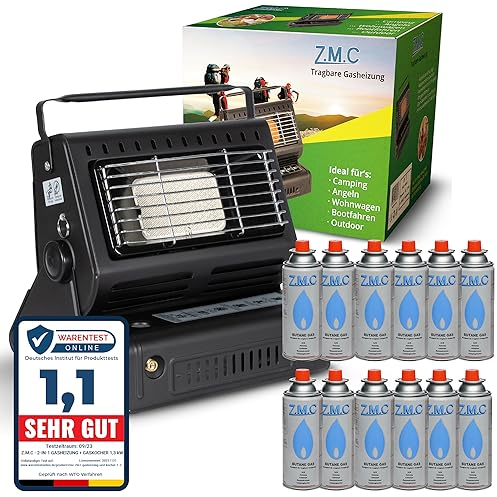 Z.M.C Calentador de gas portátil 2 en 1 y hornillo de gas con conexión LPG + 12 cartuchos de gas de 227 g, calefacción de camping de 1,3 kW, calentador de gas portátil para exteriores con encendido