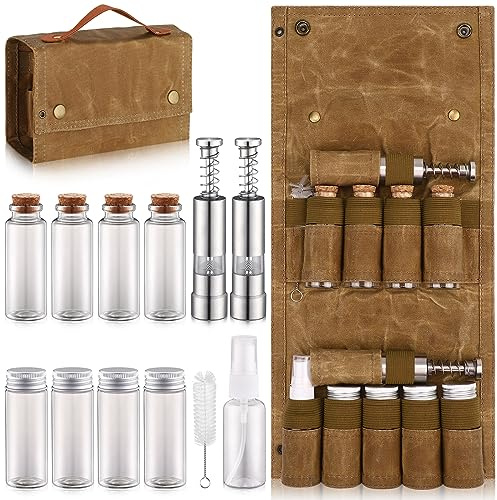 TOBWOLF Camping Spice Kit with 9 Jars, 2 Salt/Pepper Grinders, Portable Spice Bag, Foldable Canvas Seasoning Storage Bag Organizer, Mini Condiment Container Set for Outdoor Camping Picnic BBQ - Khaki