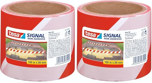 tesa® Signal Barrier Tape - Warning Tape for Barrier, Marking and Demarcation of Danger Areas - Non-Adhesive - Red-White, 100 m x 80 mm (Pack of 2)