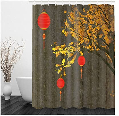 Whoiy Duschvorhang 180X200 Urlaub, Duschrollo Um Die Ecke Polyester Bath Curtains Herbst Baum Laterne Braun Rot Gelb für Outdoor Hotel