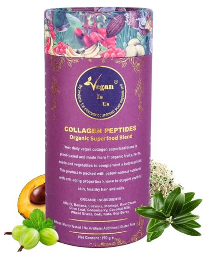 Vegan Collagen Powder with 11 Organic Superfoods – Plant-Based Collagen Supplement for Skin, Hair, Nails & Joints – Moringa, Cacao, Wheatgrass, Berries, Coconut Milk | 150g (30 Servings) VeganIsUs