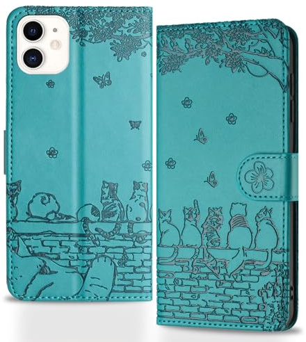 Butnyeoe Handyhülle für iPhone 11,Zaunkatzen Klappbar Hülle,Geprägtes PU Leder Wallet Schutzhülle Tasche Flip Case,Magnetische Klapphülle mit Kartenfach Standfunktion,Blau Grün