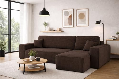 Kaiser Möbel, Ecksofa mit schlaffunktion, mit Bettkasten, Schlafsofa Best, Designer Sofa, Modern Design Couch, Polsterecke, Freistehend, Dicker Cord, Braun Rechts