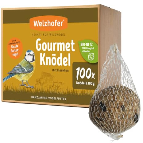 Welzhofer Gourmetknödel mit Insekten 100 Stück x 100g Meisenknödel im Bio-Netz, leckere Energiequelle für Garten- & Wildvögel, verdauungsfördernde Getreideflocken, praktische Kartonagenverpackung