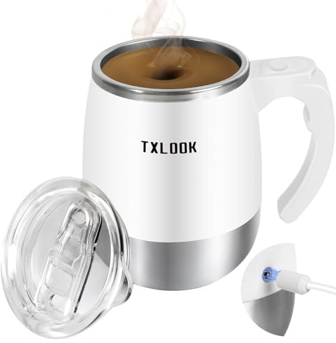 TXLOOK Self Stirring Mug, Rechargeable Automatic Magnetic Stirring Coffee Mug with Transparent Lid, 400ml, White, Stainless Steel Liner + Plastic Shell, Perfect for Home, Office, Gym, School