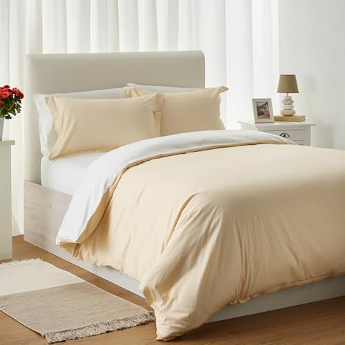Jomy Parure de Lit 220×240 Adulte Housse de Couette 220×240 Coton 300 Fils Blanc Beige Fermeture Éclair 2 Taies d’Oreiller 50×75 Linge de Lit 2 Personnes Housse Couette Blanc Satin de Coton Égyptien