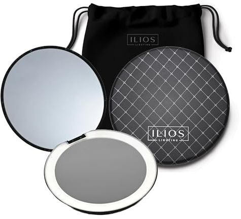 Ilios Lighting LED Compact Mirror with Light — 1x & 10x Magnification, 30-Day Battery, USB-C Rechargeable, 5-Inch Foldable Travel Makeup Mirror with Case (Black)