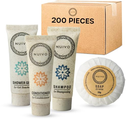 NUIVO - Pack de 200 Produits d’Accueil : Gels Douche, Shampoings, Après-Shampoings, Savons 20g - Tubes de 30ml Écoresponsables - Idéal pour Hôtels, Airbnb, Mariages, Événements