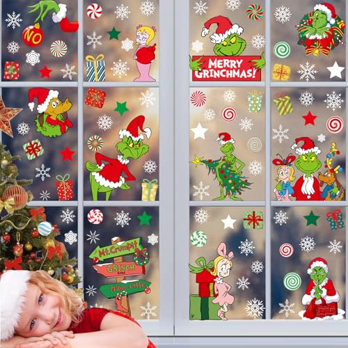 Aoiuenok 9 Blatt Doppelseitige Grinch Weihnachtsaufkleber, Fensterdeko | Grinch Fensteraufkleber, Grinch Weihnachtsaufkleber für Zuhause Schule Party Fensterdeko Grinch Deko