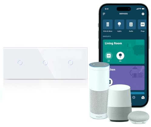PULSAR Smart Home Lichtschalter 3-fach Unterputz Weiß - Touch-Glaspanel, Alexa & Google Home, Tuya/Smart Life - Wlan Schalter