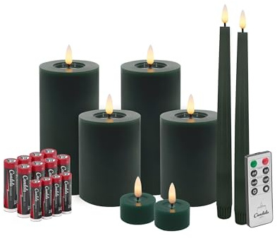 LC Home Candela Lights LED Kerzen Set Flammenlos Echtwachs inklusive Fernbedienung & Batterien Dimmbar Flammenfunktion (Winter Grün, 8er Set Mix)