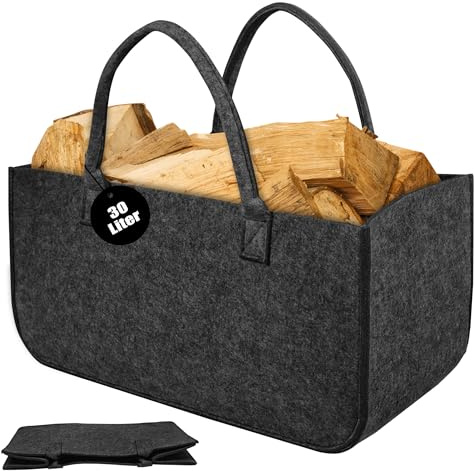 PEILU 4 Stück Groß Filz Holzkörbe 30 Liter Faltbare Einkaufstaschen | Tragbare Kaminholztasche mit Griff Robust Vliesstoff Aufbewahrung Tasche bis 30KG für Brennholz Bücher Einkaufen (Dunkelgrau)