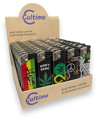 Cultimo 50 Stück Elektronik Feuerzeuge mit Motive, Nachfüllbar & Kindergesichert | Feuerzeug Lighter elektronische, Gas befüllt | 420 Motiv