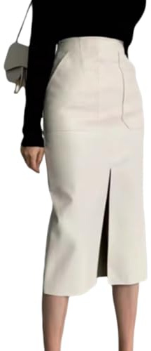 RSBFK Gonna aderente da donna a vita alta in ecopelle con tasche gonna lunga slim fit a matita midi, bianco, S