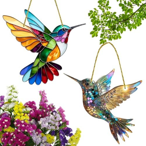 2 Stück Kolibri Sonnenfänger Fenster, Kolibri Sun Catcher, Fenster Deko Hängend Modern, Acryl Kolibri Anhänger, Fensterhänger, Aufhängen Gartendeko für Vogelliebhaber