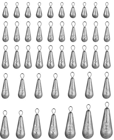 44 Piezas Plomo para Pesca, Diez tamaños, Kit de Pesas para Pesca, Kit de Pesas de Pesca, Plomos de Pesca, Kit de Plomo para Pesca, Plomo de Pesca con Forma de Gota, Kit de Plomo para Pesca