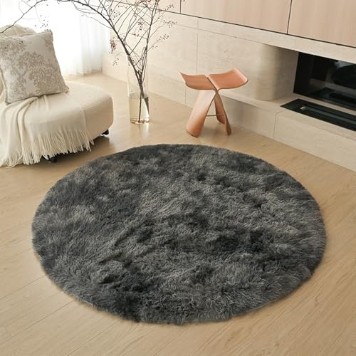 Swsen Rund Teppich Wohnzimmer Super Weich - Shaggy Teppiche Flauschig Anti-Rutsch Unterseite - Moderner Carpet Waschbar Langflor Hochflor Teppiche 60 cm Durchmesser, Tiedye-Dunkegrau