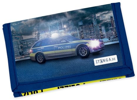 itenga Kinder Geldbörse - Geldbeutel und Brustbeutel - mit Klettverschluss, Kordelband, Geldscheinfach und Münzfach Sichtfenster für Mädchen und Jungen (Motiv Polizei)