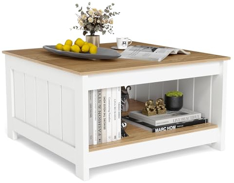 COSTWAY 2 stufiger Couchtisch aus Holz, quadratischer Wohnzimmertisch 80 x 80 cm, Beistelltisch im Landhausstil mit Stauraum, Kaffeetisch Sofatisch für Wohnzimmer, Büro